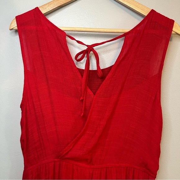 AGB Red Sleeveless Maxi Dress Waistband Lined Sequins Beaded Gauze Sz L Flowy - Picture 8 of 14